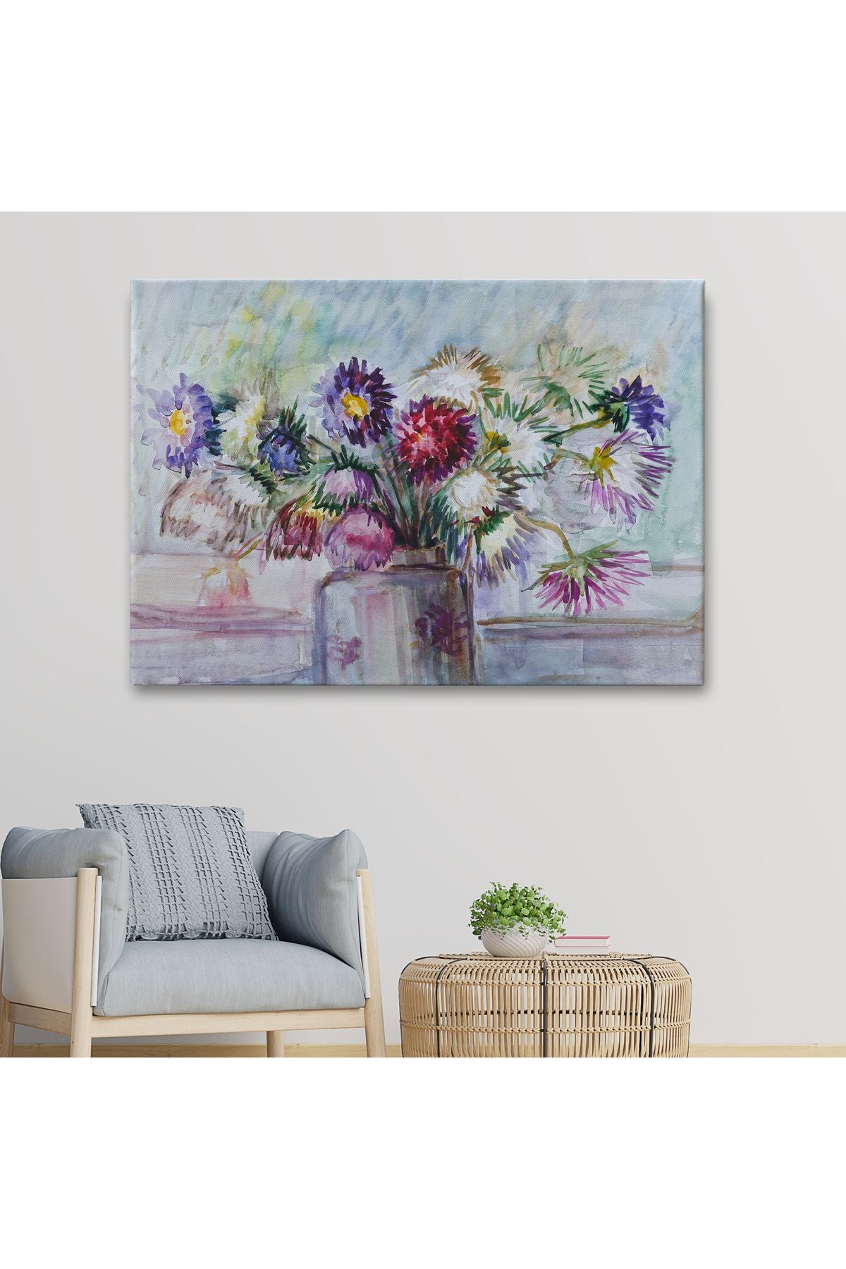 Aster Çiçeği Yağlı Boya Görünümlü Dekoratif Duvar Tablosu-3456