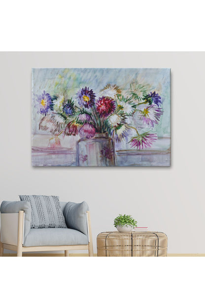 Aster Çiçeği Yağlı Boya Görünümlü Dekoratif Duvar Tablosu-3456