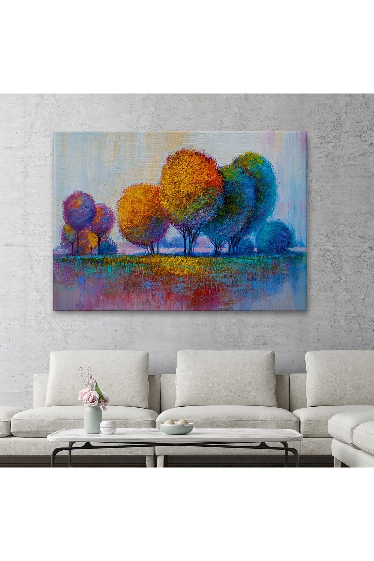 Renkli Ağaçlar Yağlıboya Görünüm Dekoratif Kanvas Duvar Tablosu-3608