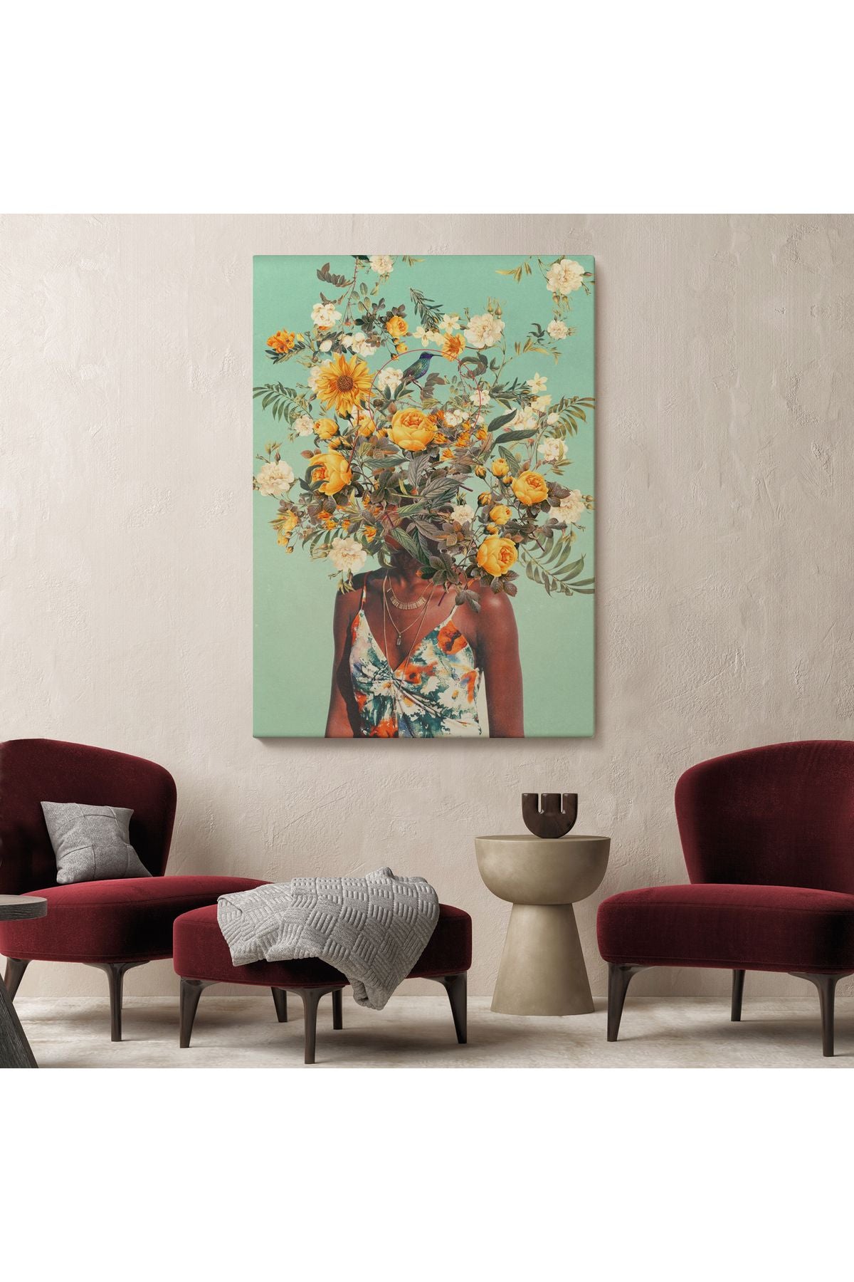 YB HG Çiçek Başlı Siyahi Kadın, Afrıkalı Kadın Kanvas Tablo -6079