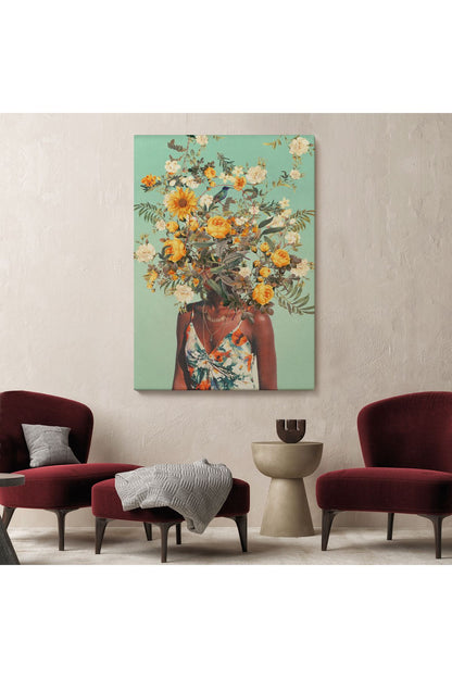 YB HG Çiçek Başlı Siyahi Kadın, Afrıkalı Kadın Kanvas Tablo -6079