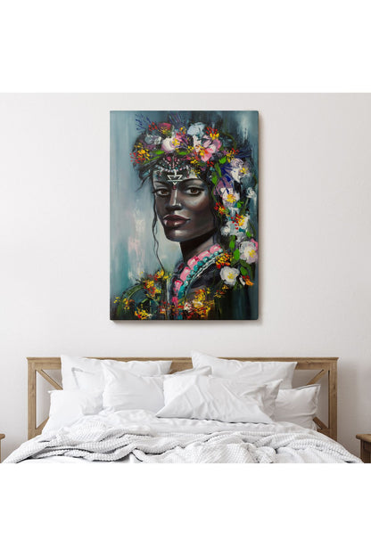 Çiçek Taçlı Afrikalı Kadın Kanvas Tablo-5979