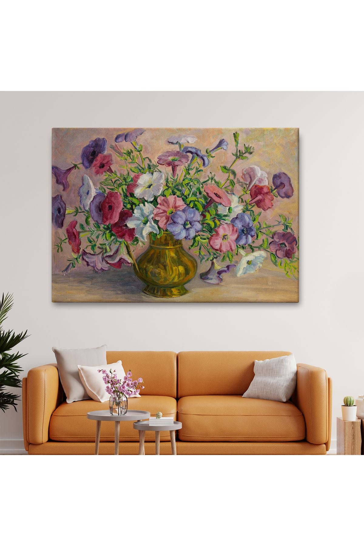 Vazoda Çiçekler Vintage Yağlıboya Görünüm Dekoratif Kanvas Duvar Tablosu-3672