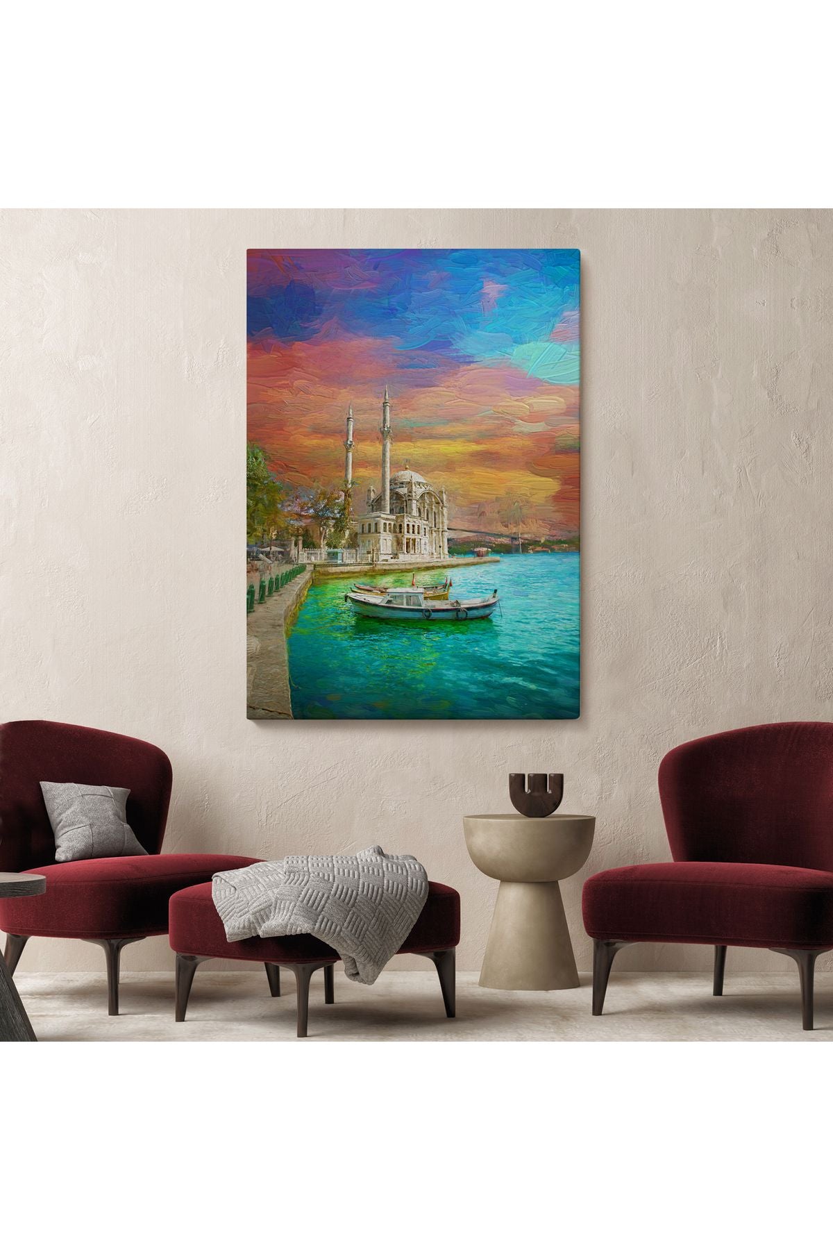 Ortaköy Cami Ve Boğaz Köprüsü Yağlıboya Görünüm Kanvas Duvar Tablosu-5946