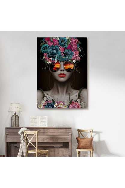 Renkli Çiçekler İle Güzel Kadın Dekoratif Duvar Tablosu -6188