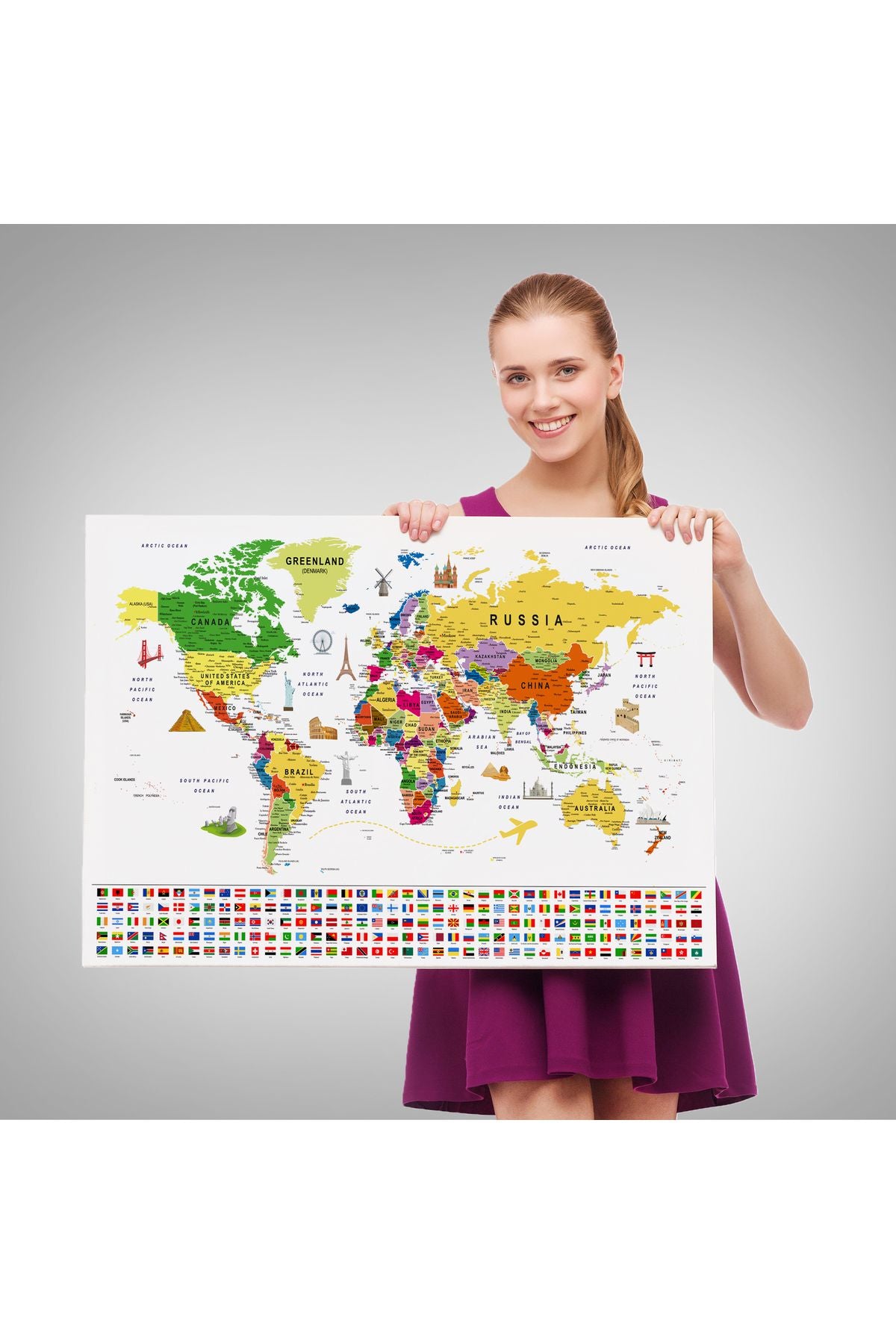 Dünya Haritası Ayrıntılı Eğitici Sembollü Bayraklı Dekoratif Kanvas Tablo 2839