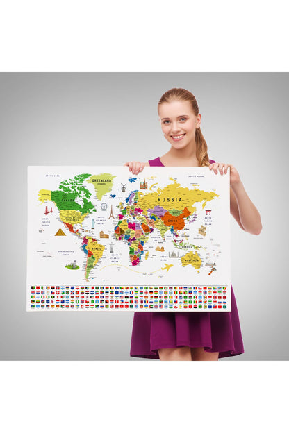 Dünya Haritası Ayrıntılı Eğitici Sembollü Bayraklı Dekoratif Kanvas Tablo 2839