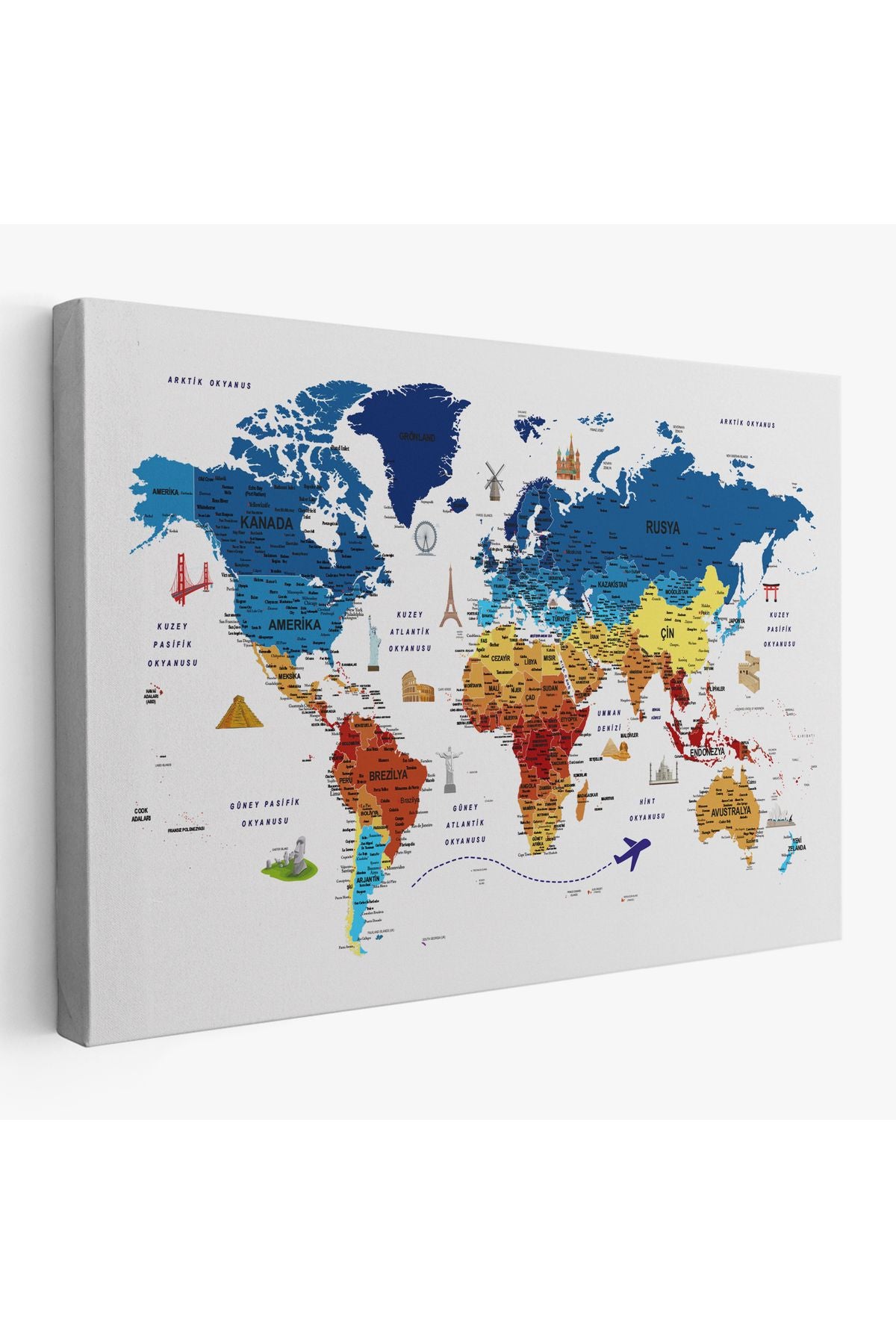 Türkçe Dünya Haritası Son Derece Ayrıntılı Eğitici ve Sembollü Kanvas Tablo 3166