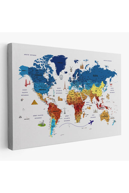 Türkçe Dünya Haritası Son Derece Ayrıntılı Eğitici ve Sembollü Kanvas Tablo 3166