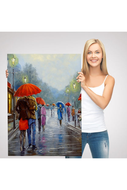 Yağmurda Yürüyen Romantik Çift Yağlıboya Görünüm Dekoratif Kanvas Duvar Tablosu-5943