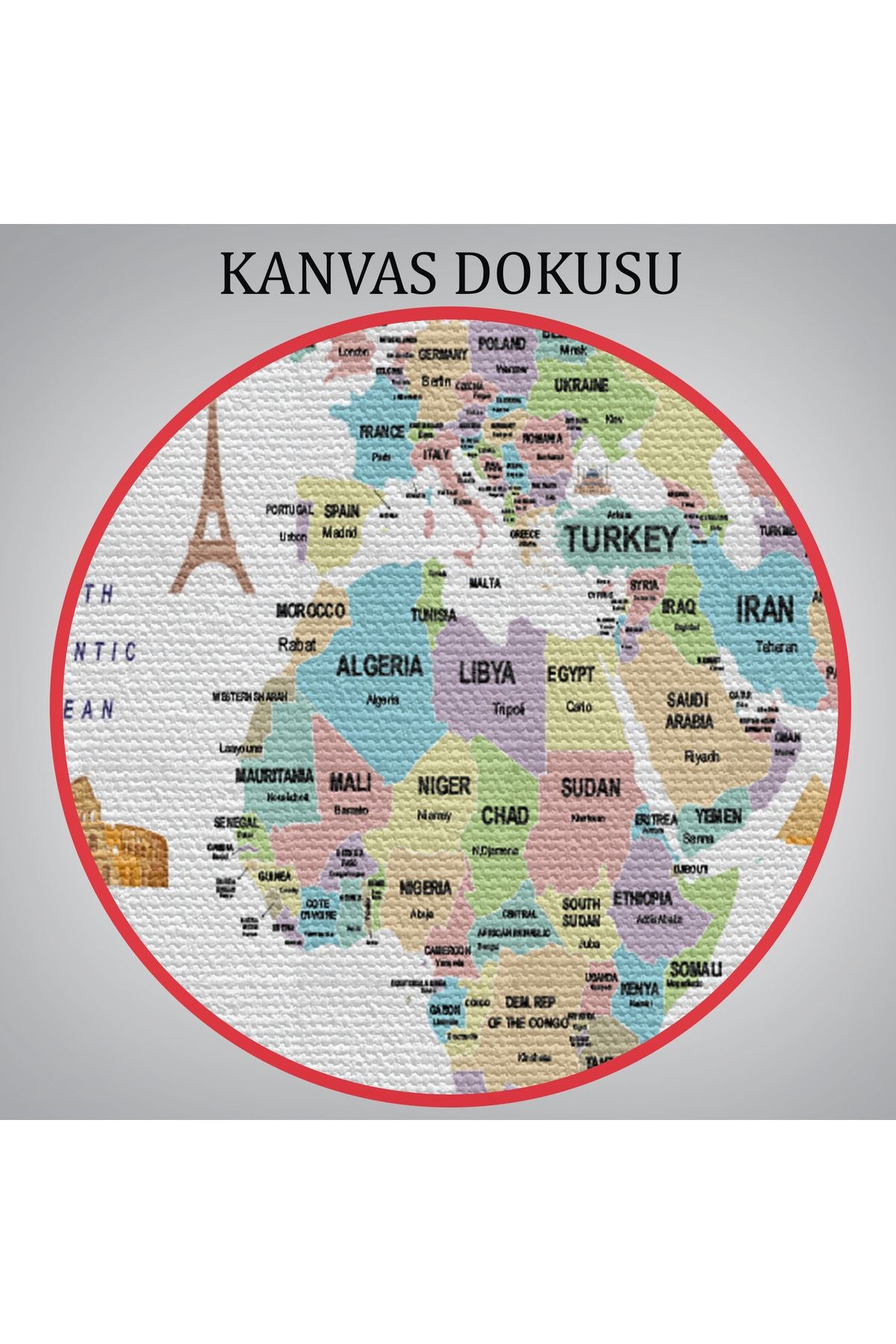 Dünya Haritası Dekoratif Kanvas Tablo Ülke ve Başkentli Öğretici ve Sembollü 2307