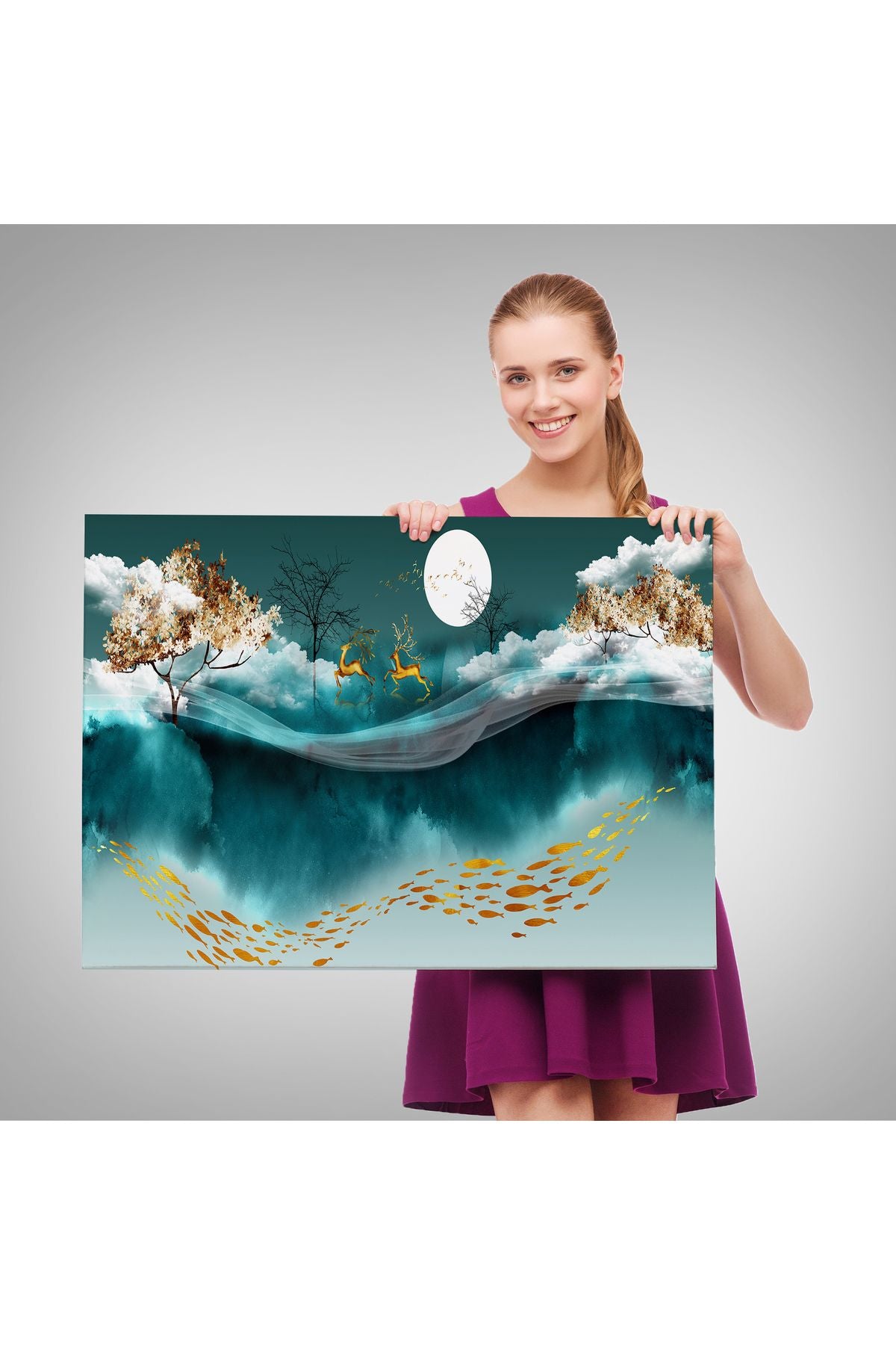 emn seri001 Ormanda Koşan Geyiklerin Dijital Sanatı Kanvas Tablo-5040