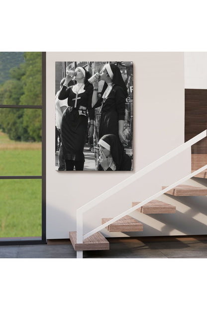 Asi Rahibeler Kanvas Tablo, İçme ve Sigara Parodisi, Siyah Beyaz Sokak Sanatı-5215