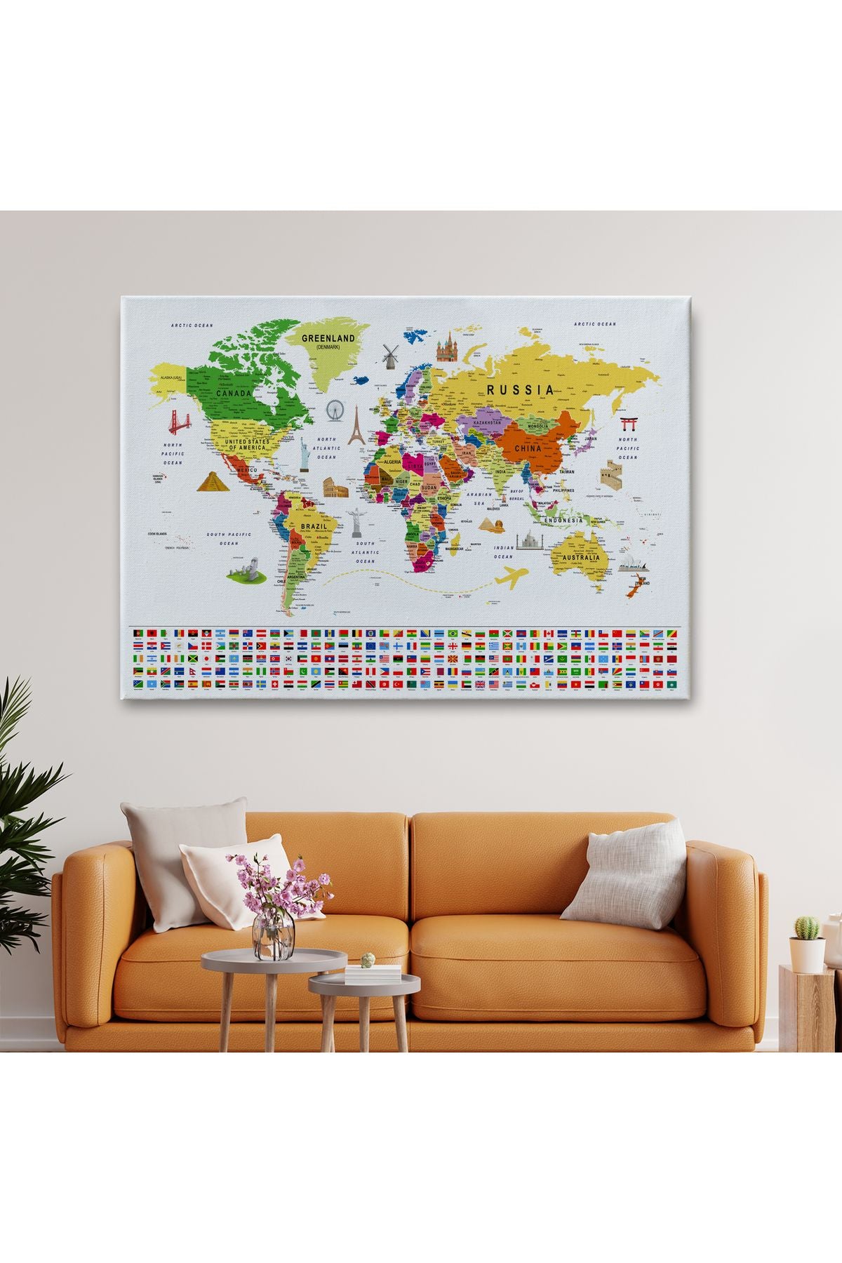 Dünya Haritası Ayrıntılı Eğitici Sembollü Bayraklı Dekoratif Kanvas Tablo 2839