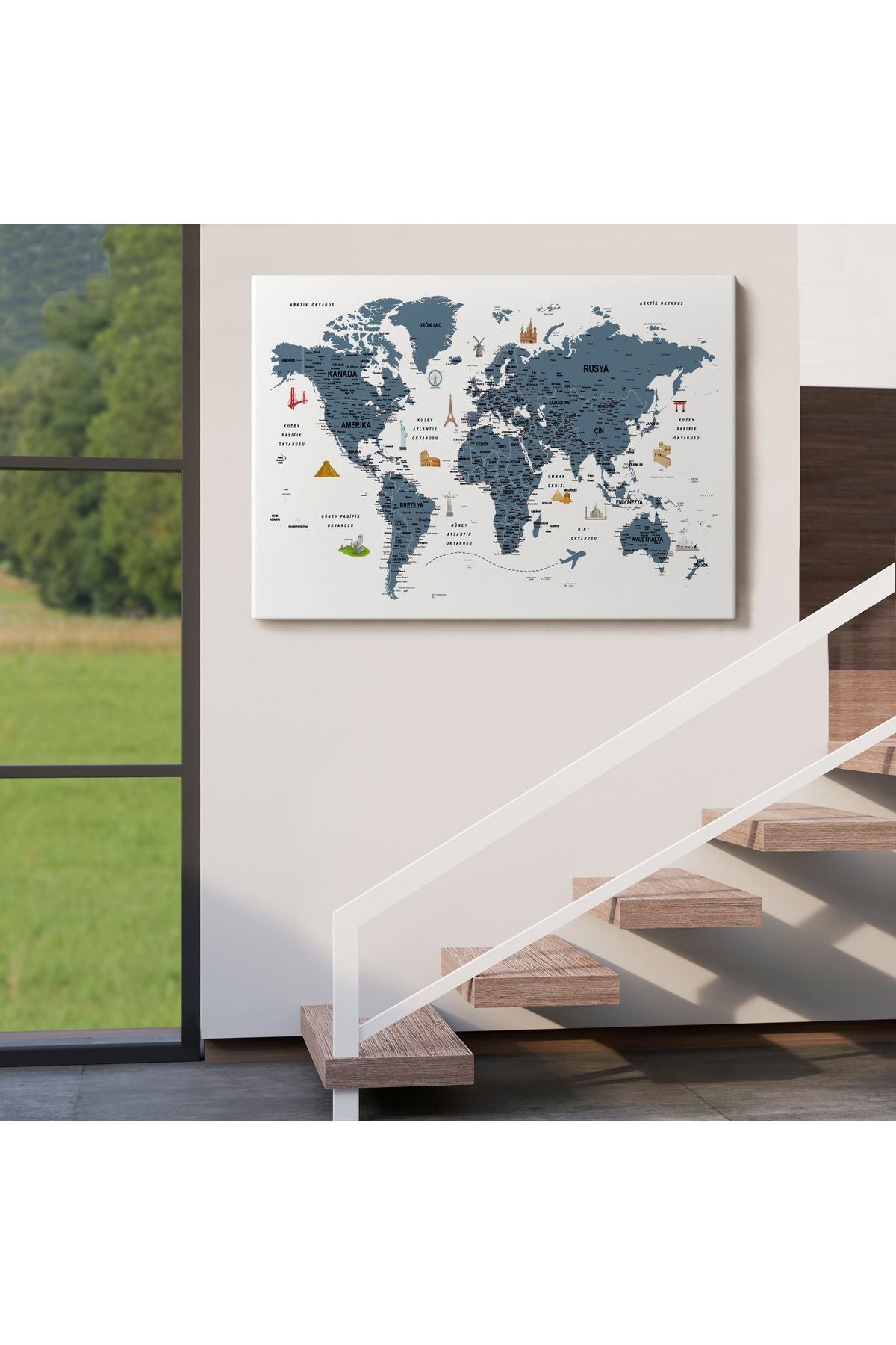 Türkçe Dünya Haritası Son Derece Ayrıntılı Eğitici ve Sembollü Kanvas Tablo 3188