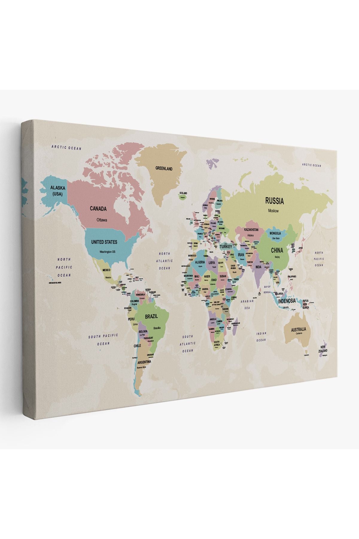 Dünya Haritası Kanvas Tablo Ülke Başkentli ve Okyanus Detaylı Tablo 2749