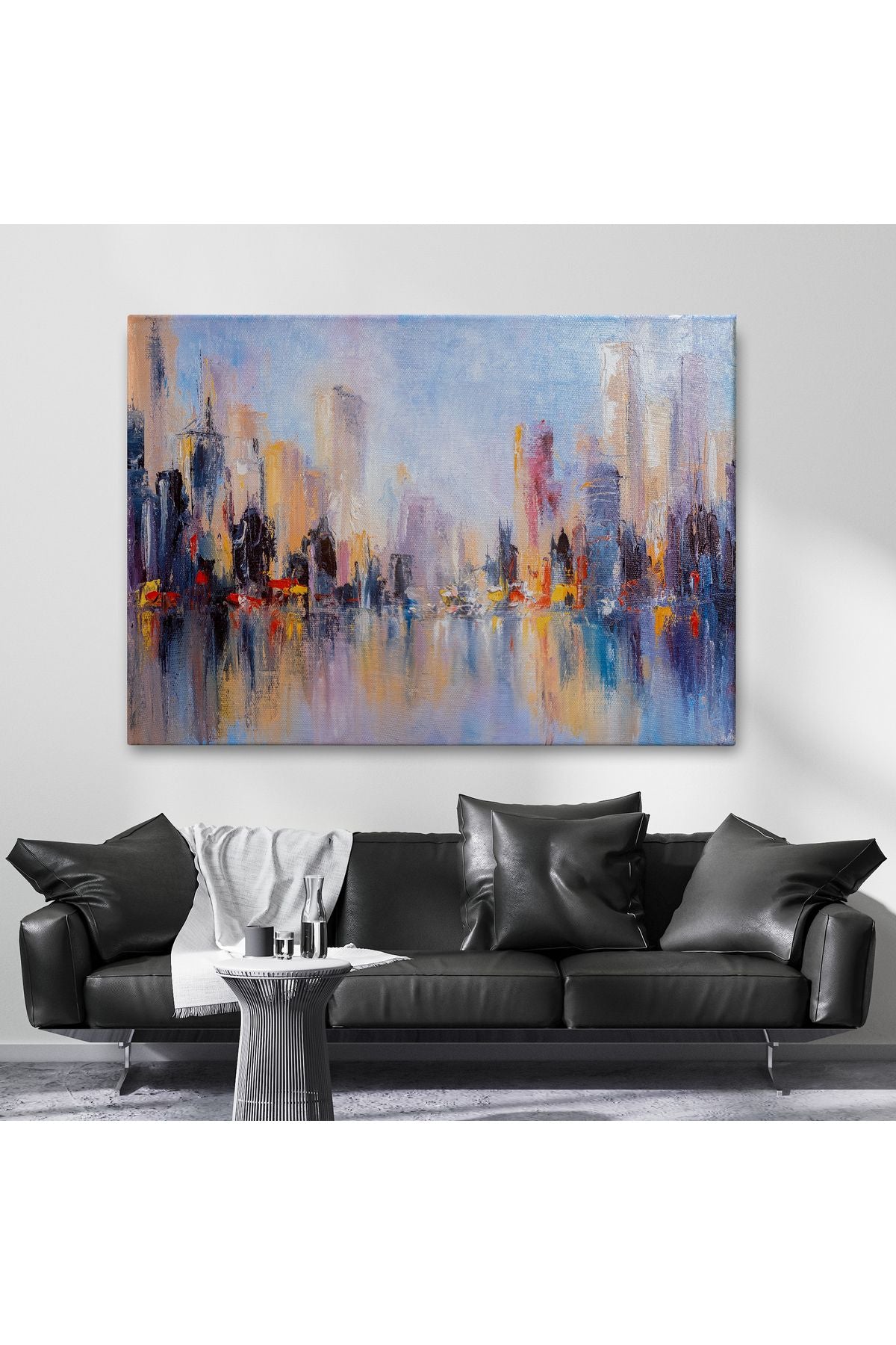Su Yansimaları ve Şehir Yağlıboya Görünüm Dekoratif Kanvas Duvar Tablosu-3626