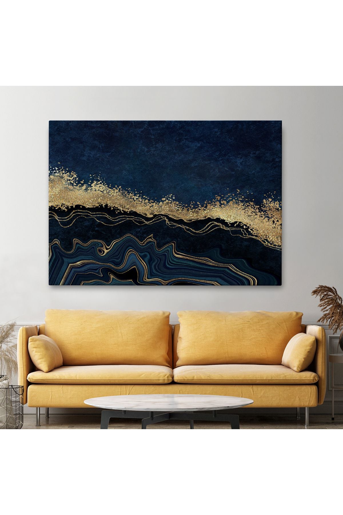 Mavi ve Gold'un Müthiş Uyumu Mermer Görünümlü Modern Kanvas Tablo-5062
