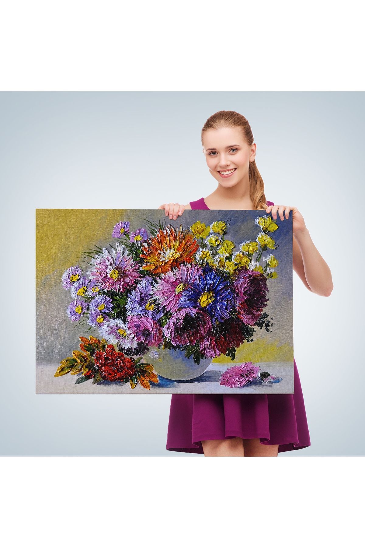 Renkli Çiçekler Yağlıboya Görünüm Dekoratif Kanvas Duvar Tablosu-3448