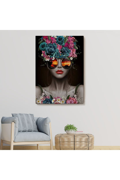 Renkli Çiçekler İle Güzel Kadın Dekoratif Duvar Tablosu -6188