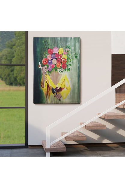Çiçek Başlı Kadın Portresi Yağlıboya Görünüm Dekoratif Kanvas Duvar Tablosu -5124