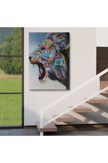 Renkli Kükreyen Aslan Kanvas Tablo, Pop Art, Sokak Sanatı-5316