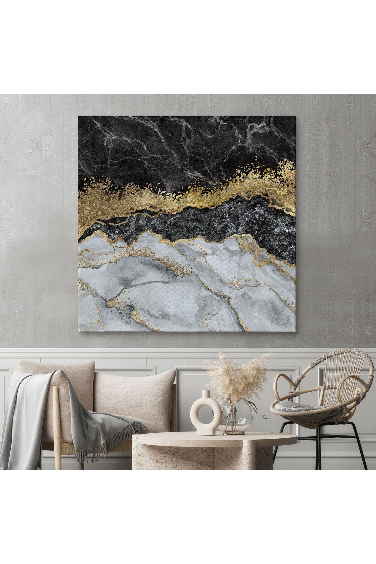 Siyah ve Gold'un Mükemmel Uyumu Mermer Görünümlü Modern Kanvas Tablo-5070