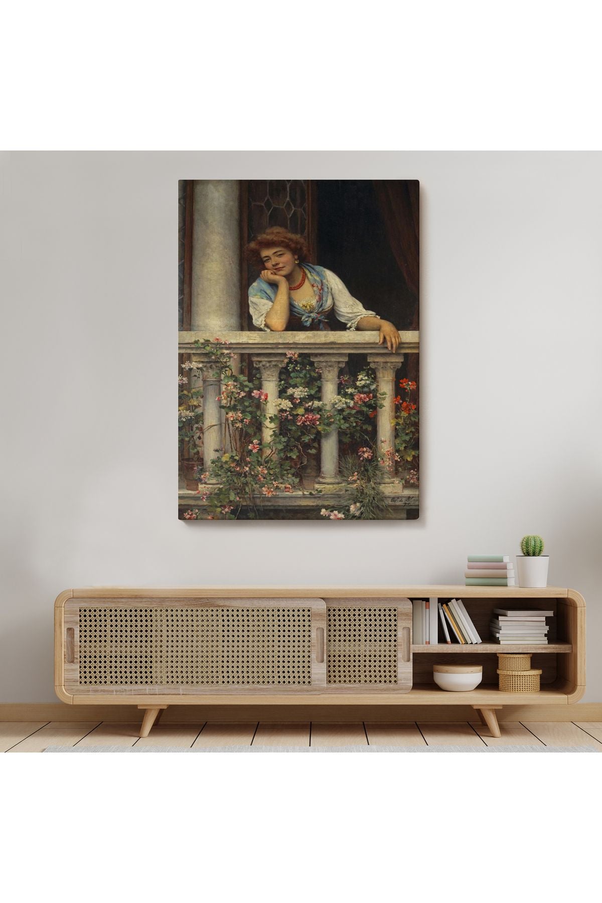 Çiçekli Balkonda Sevgilisini Bekleyen Güzel Kadın Tablosu-6205