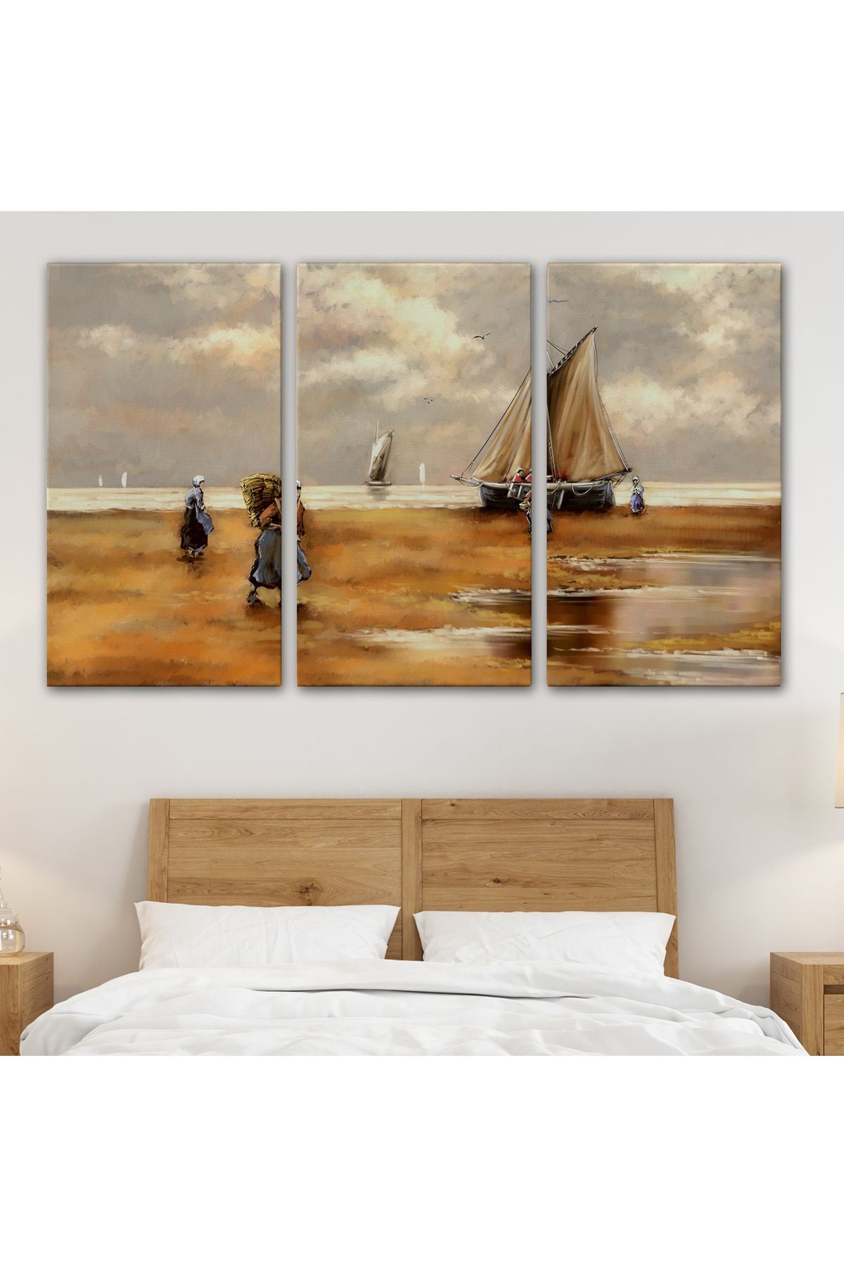 Balıkçılar ve Sahildeki Yelkenli Duvar Tablosu-3548