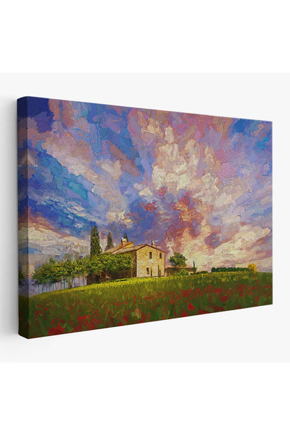 Toskana İtalyadaki Kırmızı Gelincik Tarlası Yağlıboya Görünüm  Kanvas Tablosu-3697