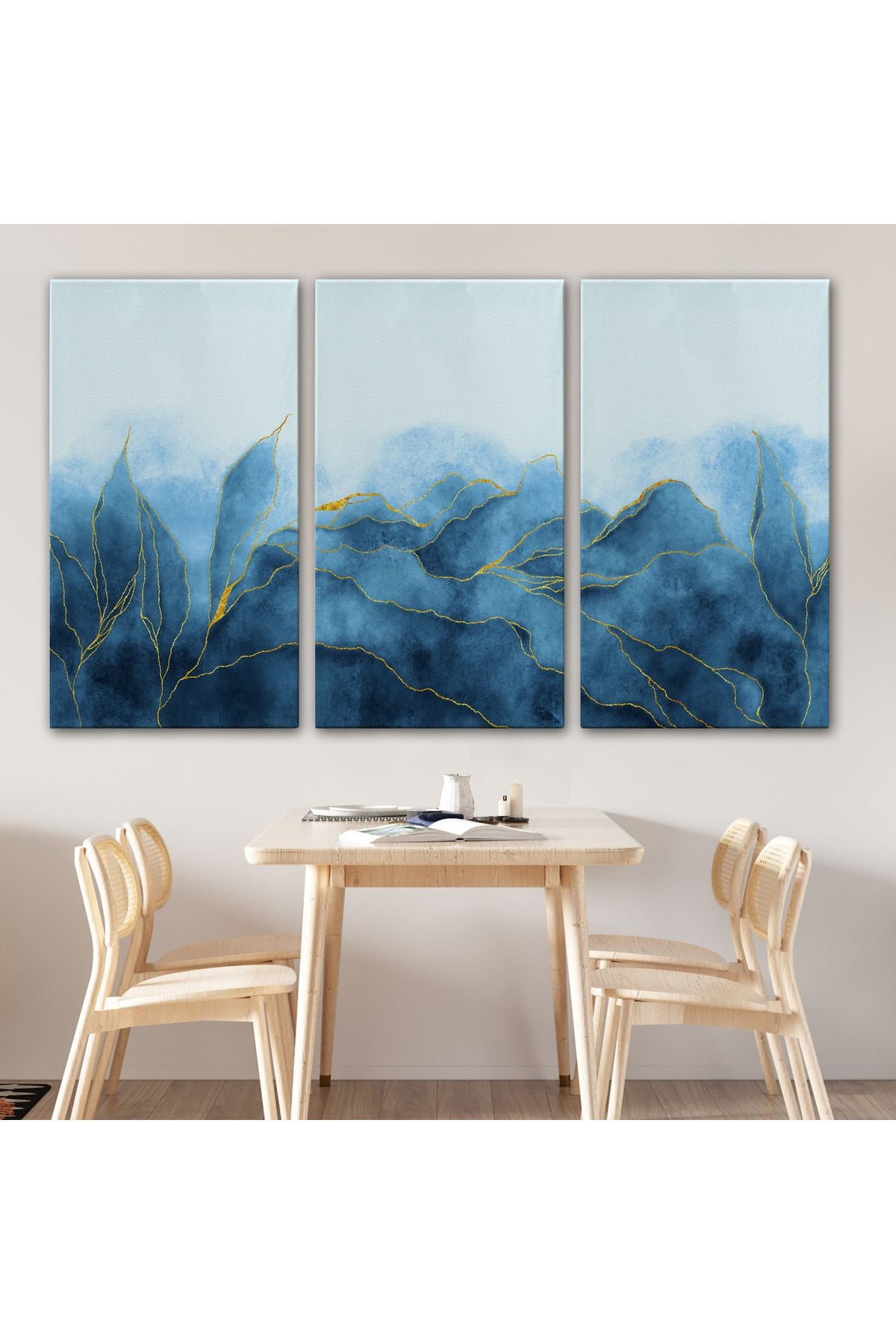 YB Altın Damarlı Soyut Mavi Mermer Taş Dokulu Kanvas Tablo-5042