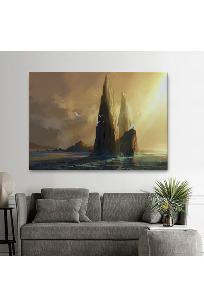 Kayaların Üzerinden Okyanusu İzleyen Beyaz Pelerinli Kadın Kanvas Tablo-5091