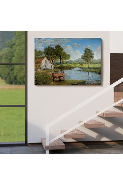 Köy Ve Akarsu Manzaralı Dekoratif Kanvas Duvar Tablosu-3425