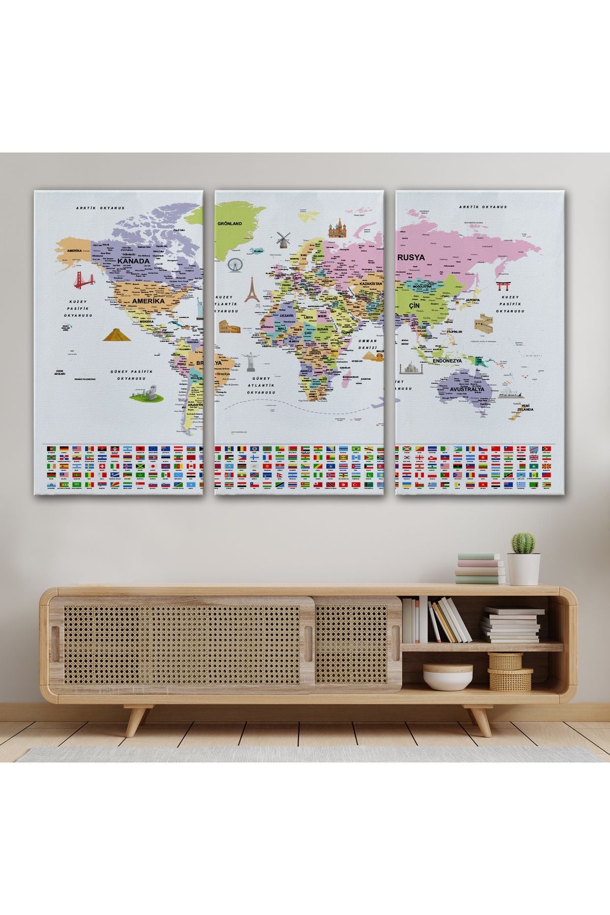 Türkçe Dünya Haritası Ayrıntılı Eğitici Sembollü Bayraklı Dekoratif Kanvas Tablo 2846