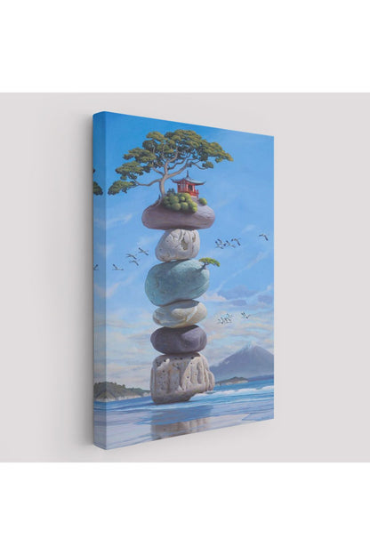 Sahilde Renkli Denge Taşları, Meditasyon, Yoga, Spiritüel Baskı Kanvas Tablo-5239