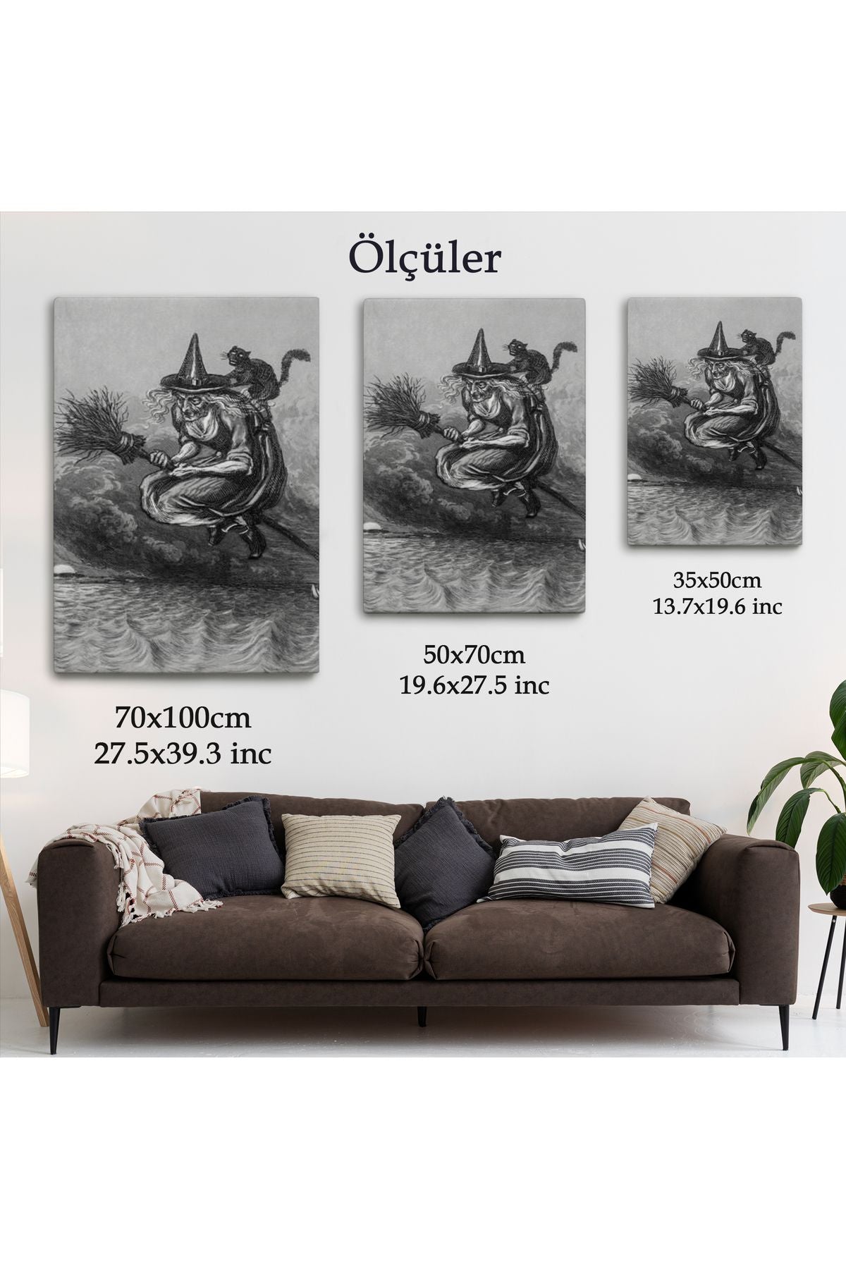 Süpürge ile Uçan Yaşlı Cadı ve Kedisi, Cadılar Bayramı Hediyesi, Hellowen Tablo -6304