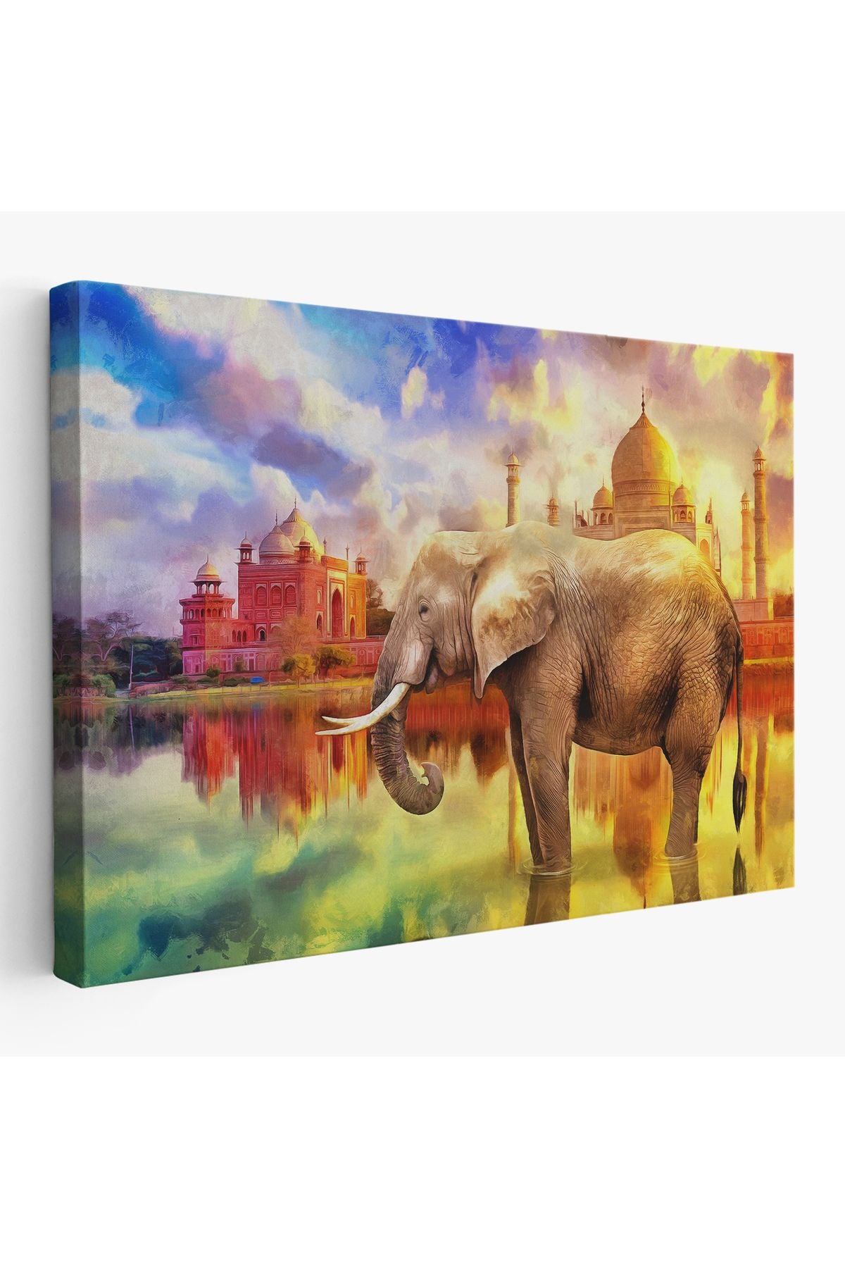 Fil ve Taç Mahal Manzaralı Yağlıboya Görünüm Dekoratif Kanvas Duvar Tablosu-3716