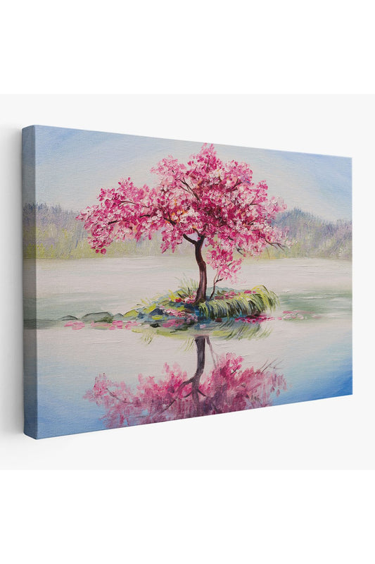 Gölde Sakura Ağacı Yağlıboya Görünüm Kanvas Duvar Tablosu-3494