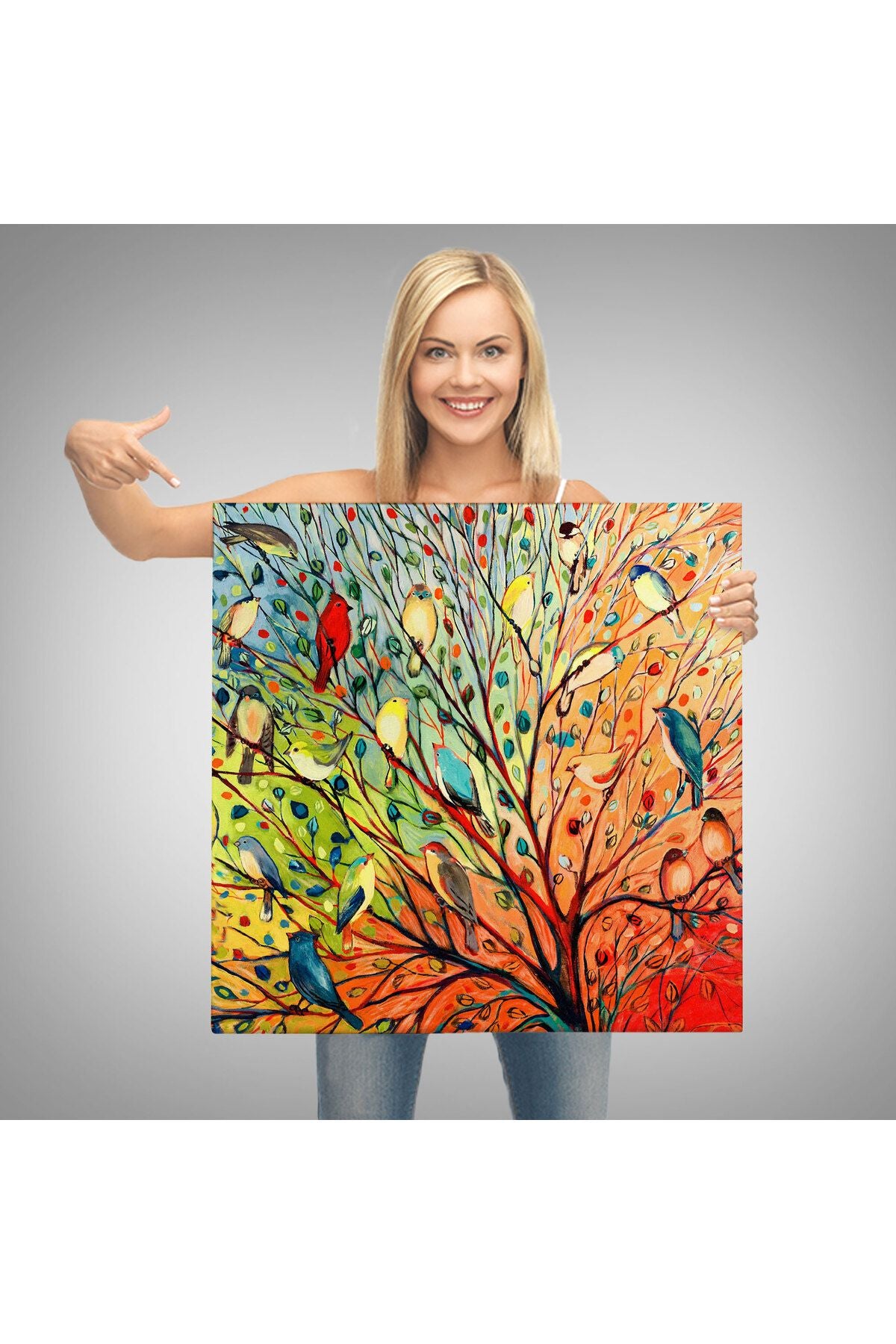Renkli Ağaçtaki Renkli Kuşlar Kanvas Tablo-5887