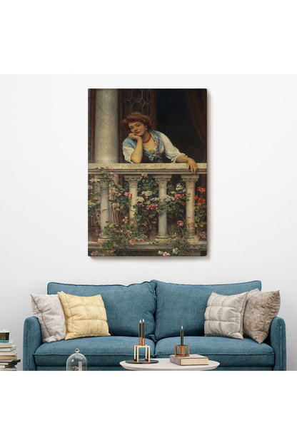 Çiçekli Balkonda Sevgilisini Bekleyen Güzel Kadın Tablosu-6205