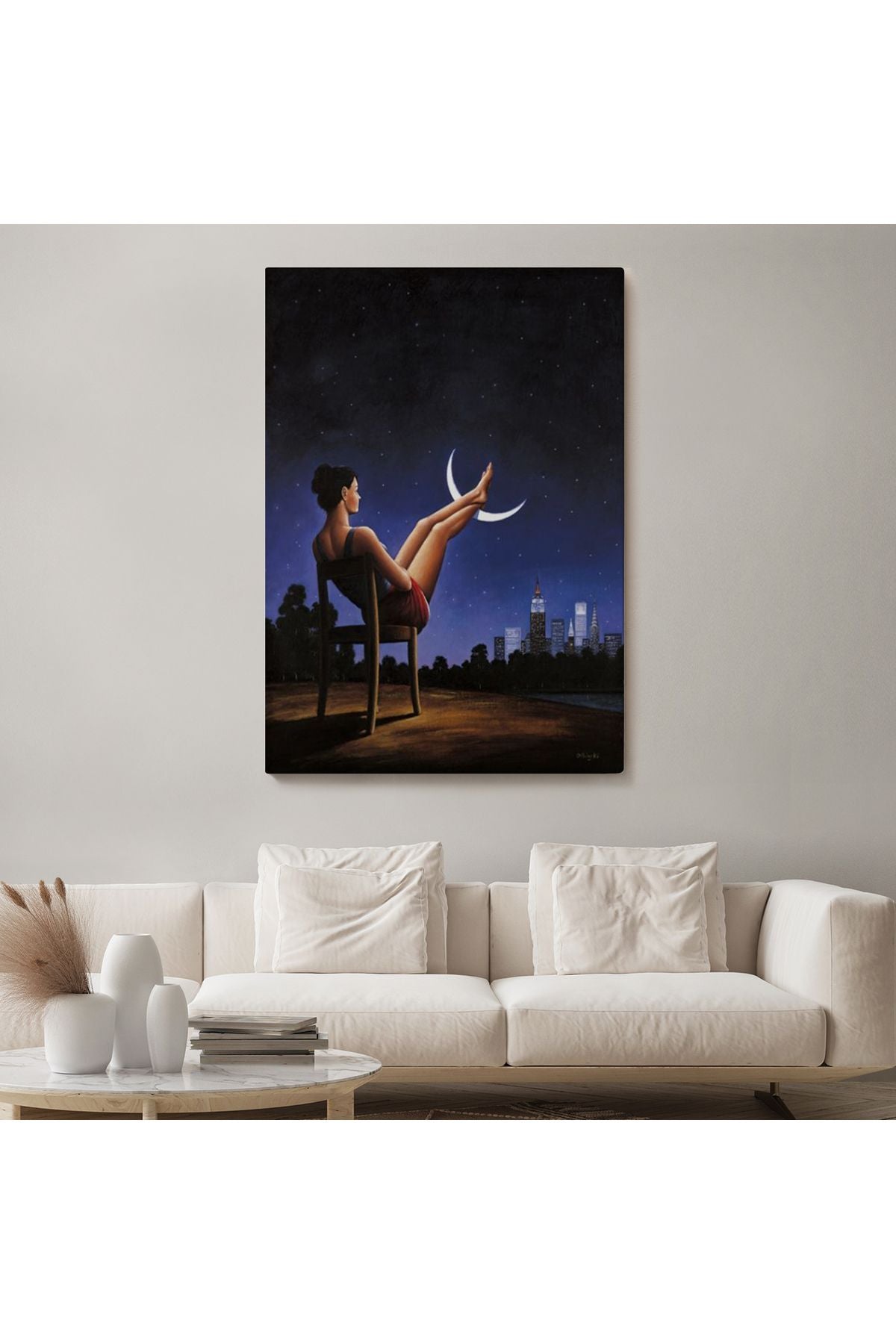 Ay'a Ayaklarını Koyup Dinlenen Kadın, Sürreal Sanat Tablosu-6091