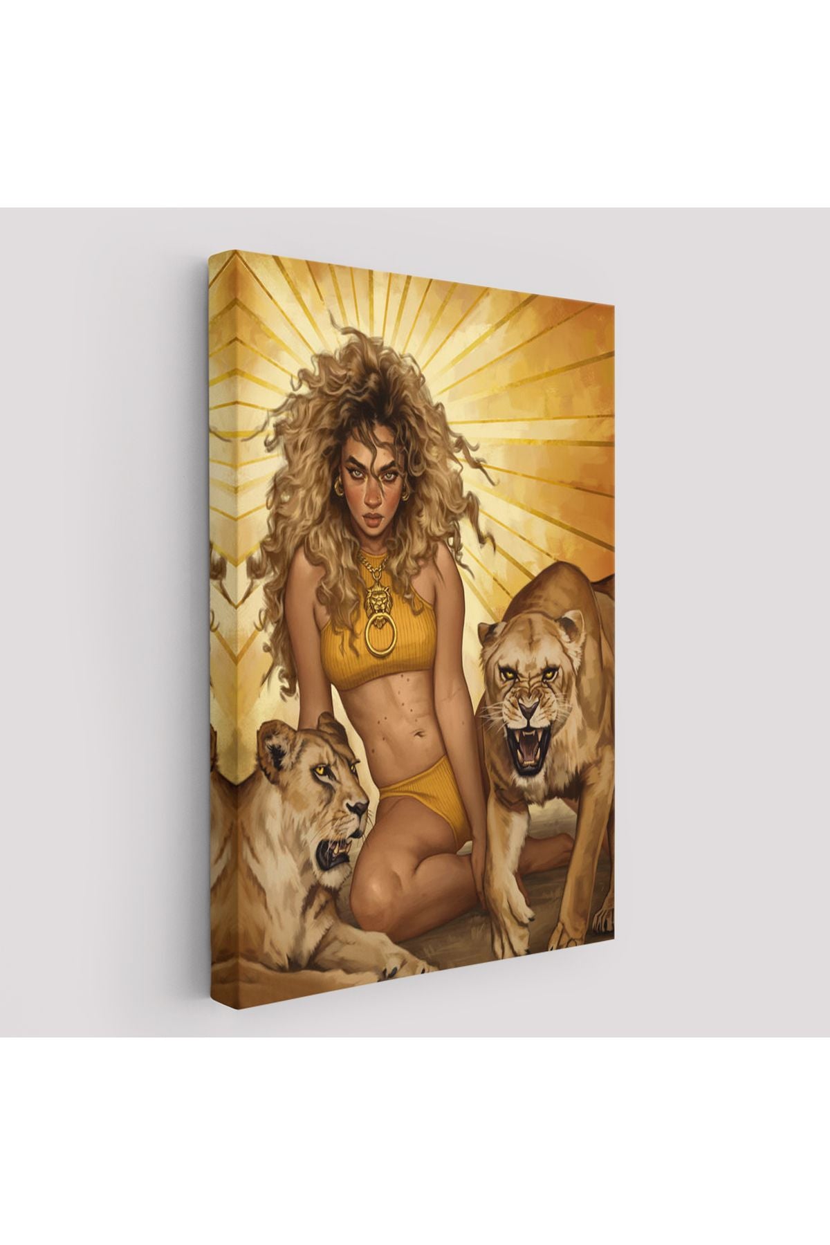 Aslanlarla Oturan Sarışın Vahşi Kadın Kanvas Tablo-5278