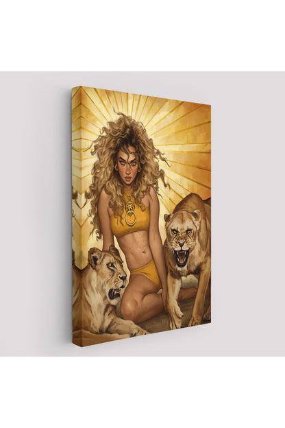 Aslanlarla Oturan Sarışın Vahşi Kadın Kanvas Tablo-5278