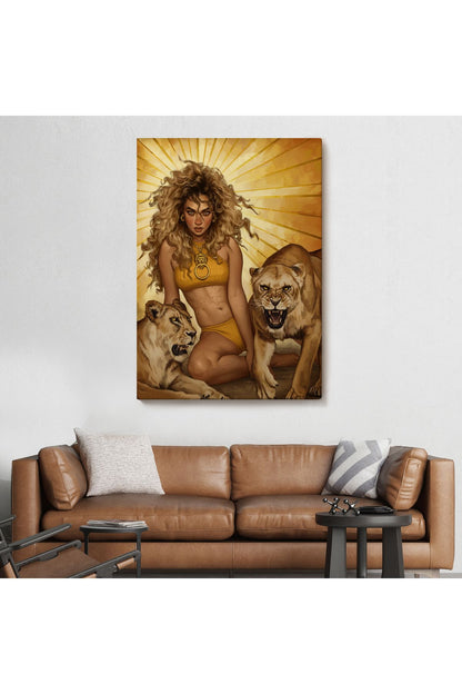 Aslanlarla Oturan Sarışın Vahşi Kadın Kanvas Tablo-5278