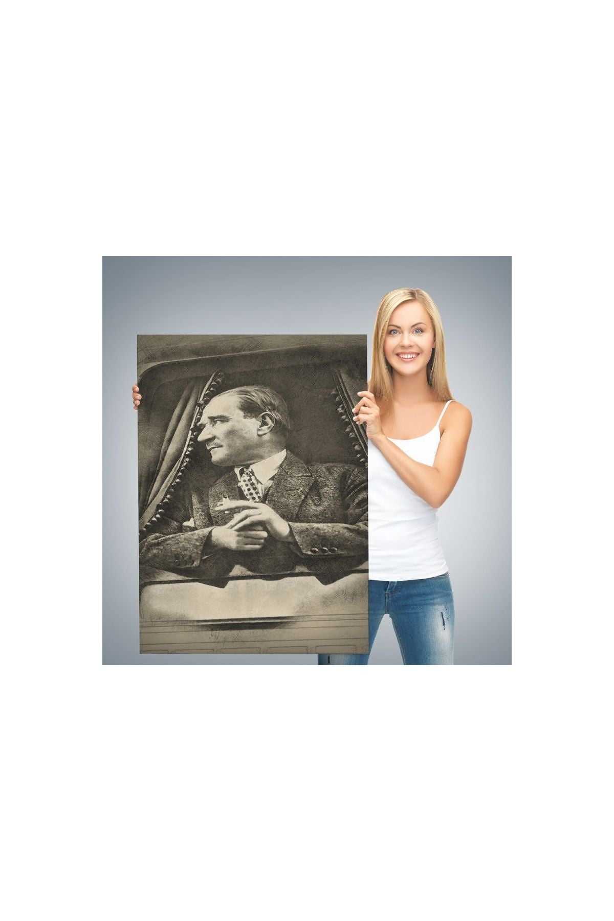 Mustafa Kemal Atatürk'ün Karakalem Görünümlü Portre Çizimi Dikdörtgen Dekoratif Kanvas Tablo-de-82