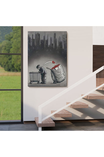 Şehirdeki Kırık Kalpleri Toplayan Çöpçü Duvar Tablosu-6104