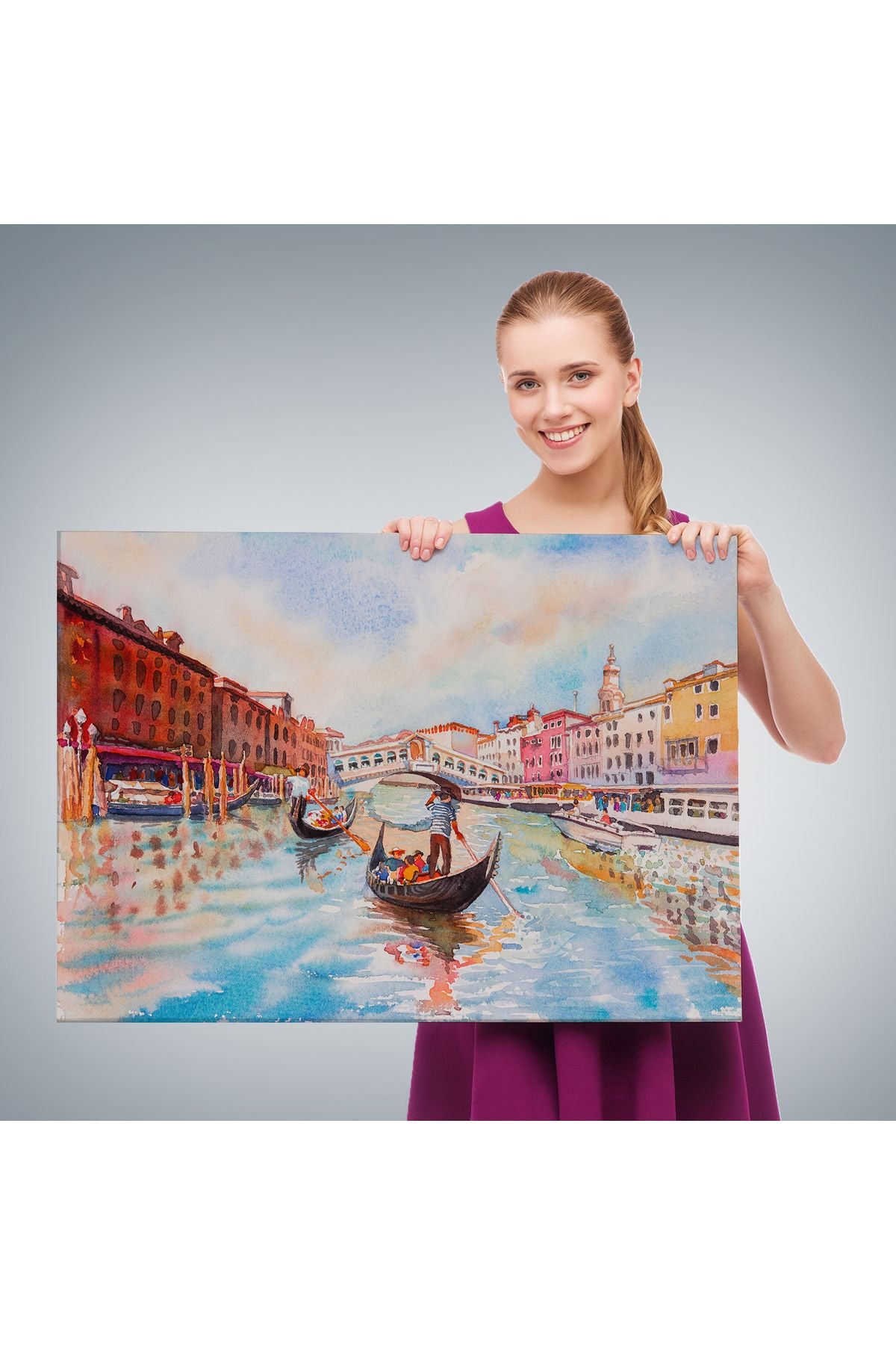 Venedik Kanalın da Gondollar Yağlıboya Görünüm Dekoratif Kanvas Duvar Tablosu-3660