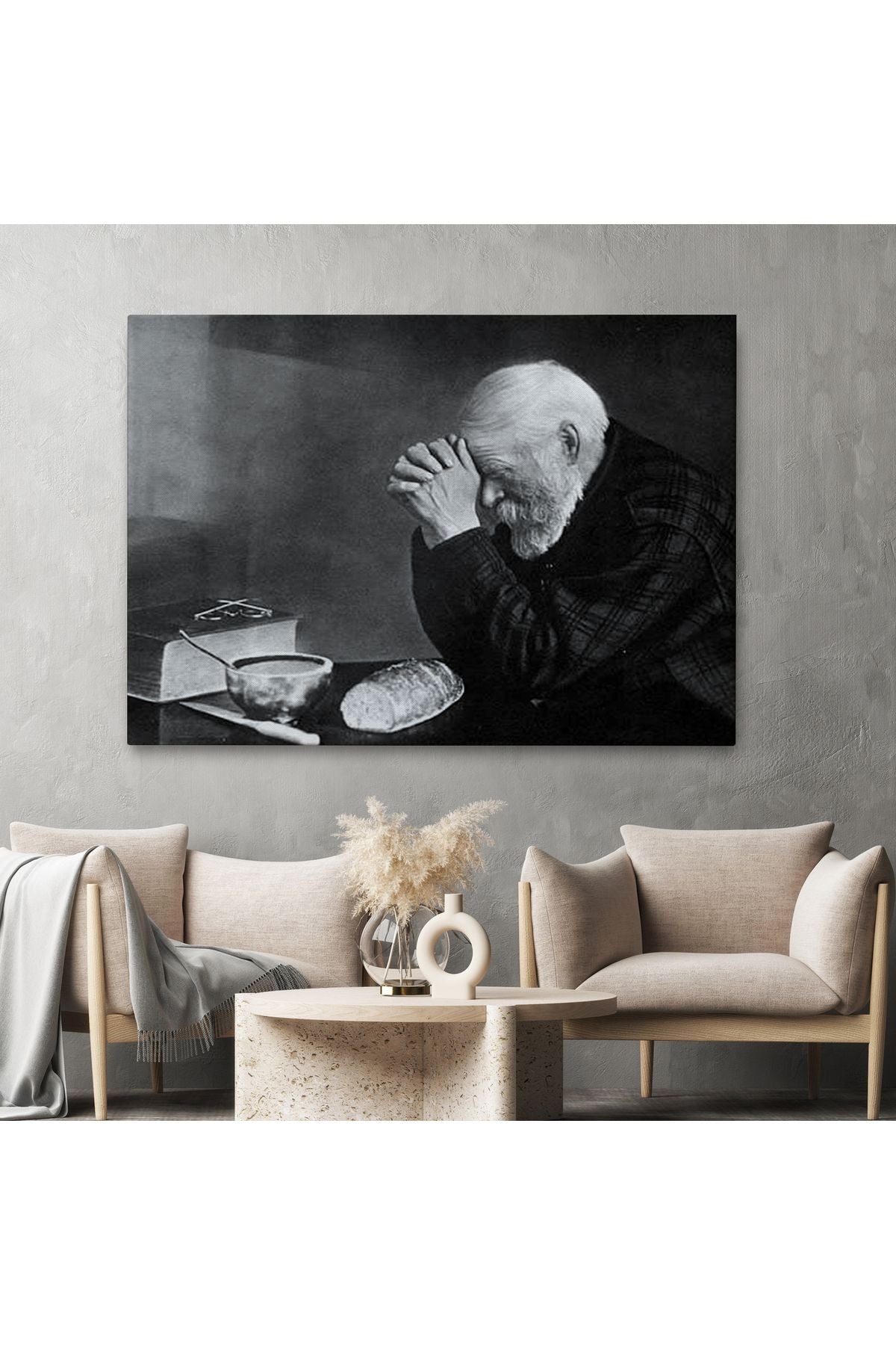 Eric Enstrom Grace Adam Ekmek Üzerinde Dua Ediyor Kanvas Tablo, Siyah Beyaz Baskı-5394
