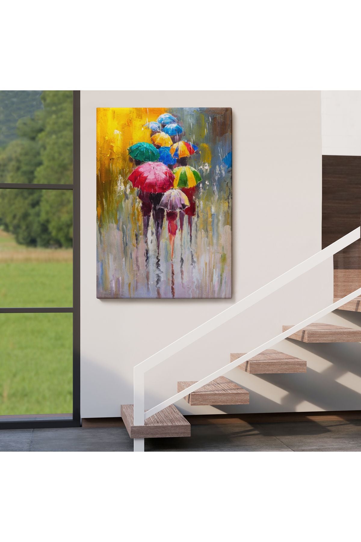 Renkli Şemsiyeler Yağlıboya Görünüm Dekoratif Kanvas Duvar Tablosu -5932