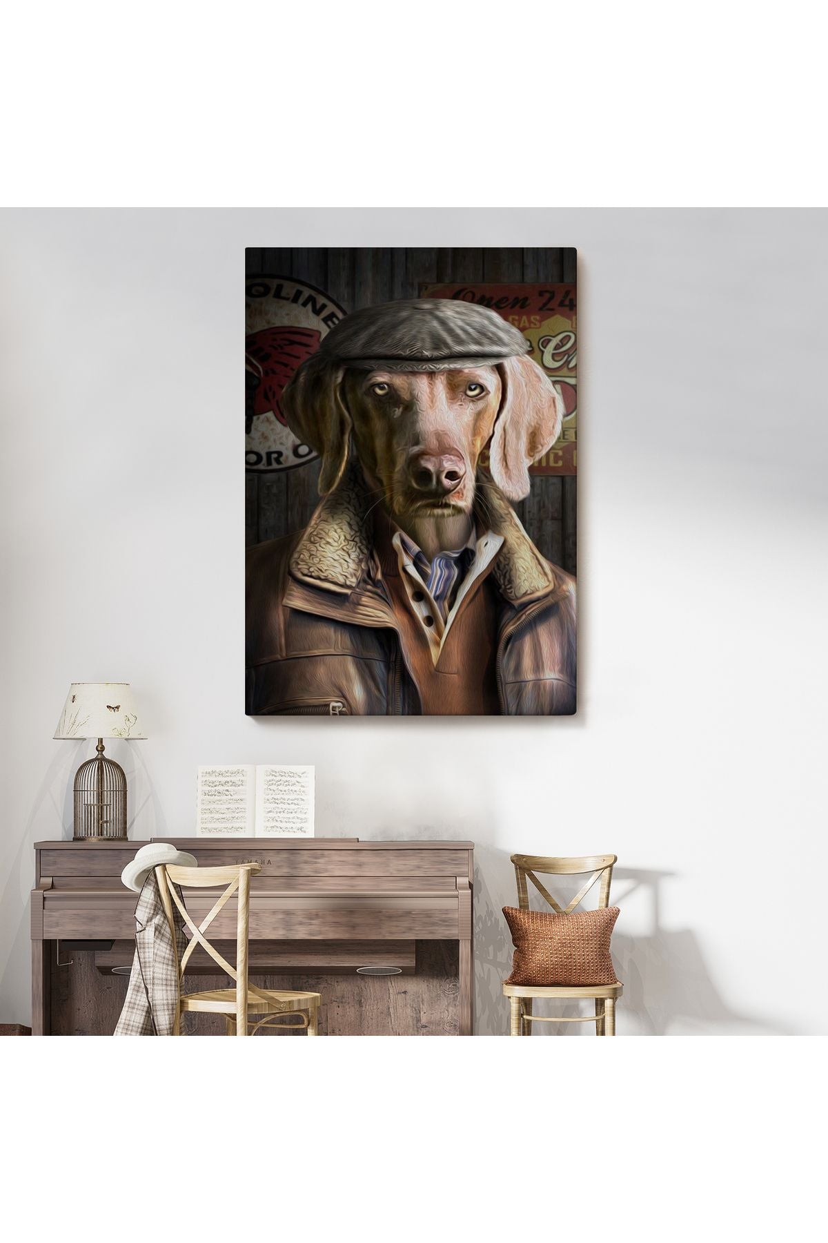 İnsan Kıyafetli Kasketli Köpek Dekoratif Duvar Tablosu -6178